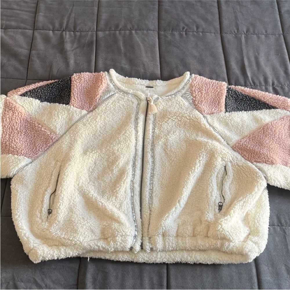Free People Cream Sherpa Zip Up With Pink Geometric Patterned Shoulders - Picture 11 of 11